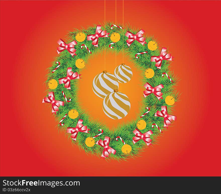 Christmas wreath with hand bells, bows, sugar candies and spheres on a red-yellow background