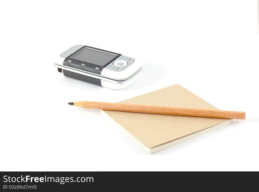 Office set with block of papers, pen and mobile phone on white background.