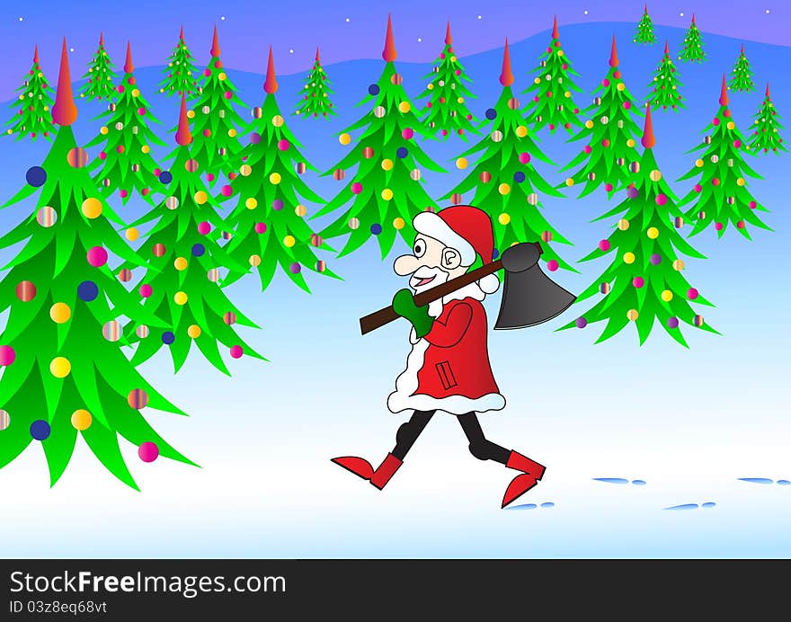 Happy Santa Christmas tree looking for the kids, illustration