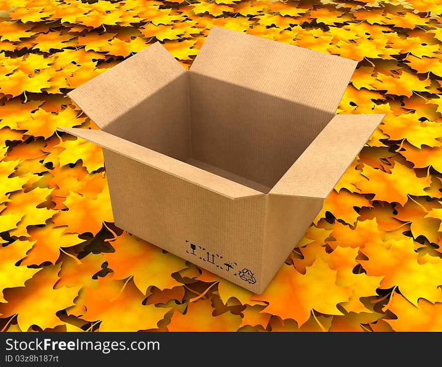 3D Illustration Opened cardboard box on Orange Leaves. 3D Illustration Opened cardboard box on Orange Leaves