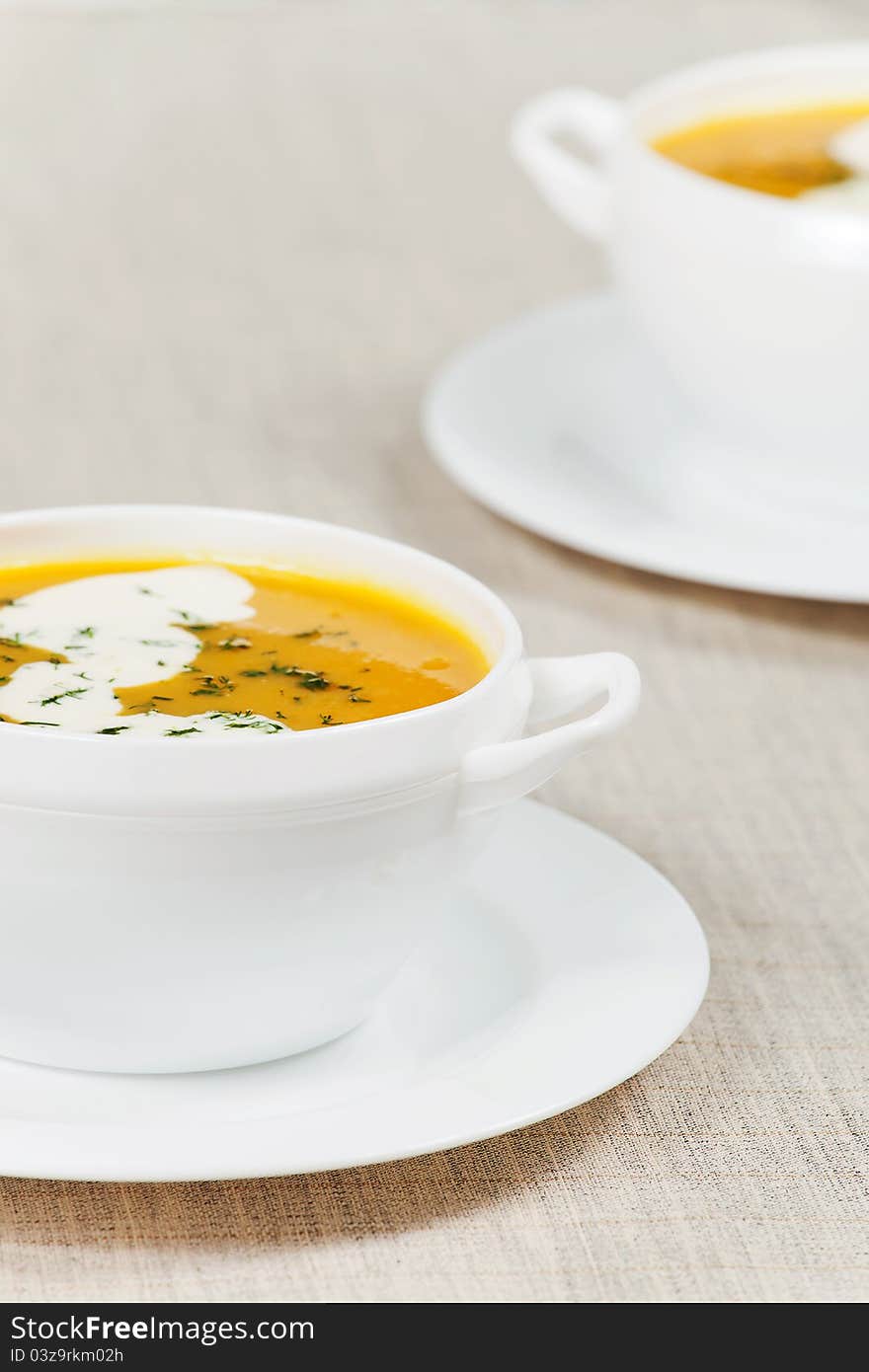 Fresh pumpkin cream soup with cream. Fresh pumpkin cream soup with cream