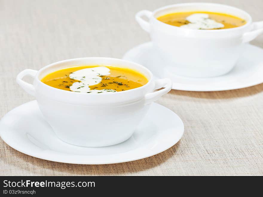 Fresh pumpkin cream soup with cream. Fresh pumpkin cream soup with cream