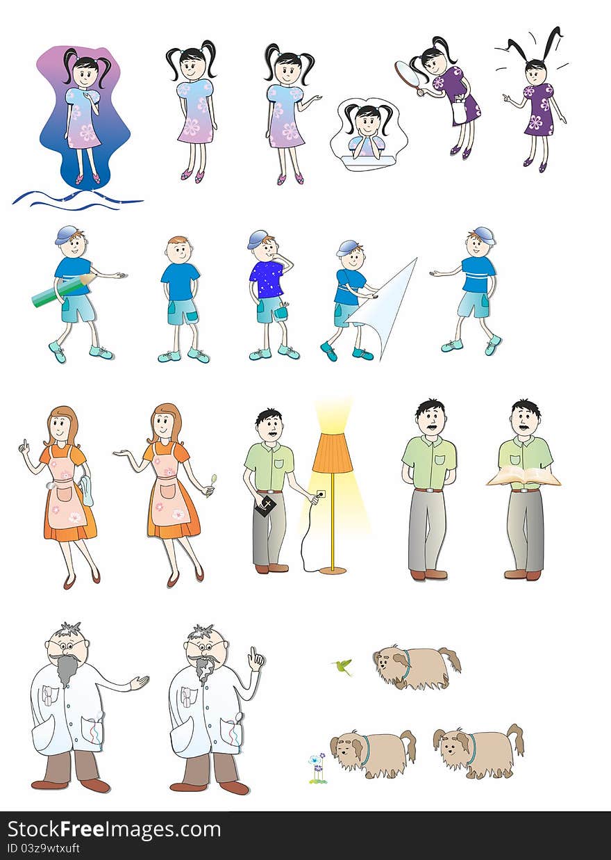 Cartoon characters of grandad, dad, mom, daughter, sun and dog in different variations. Cartoon characters of grandad, dad, mom, daughter, sun and dog in different variations