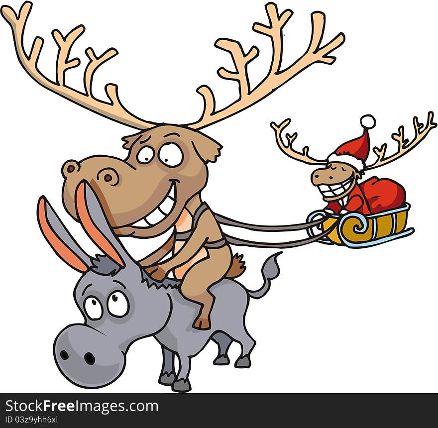 Santa Claus's reindeer is riding a donkey