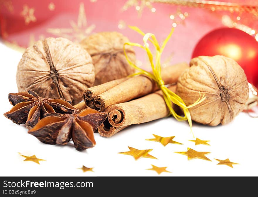 Cinnamon, Anise and Walnuts - Christmas background. Cinnamon, Anise and Walnuts - Christmas background