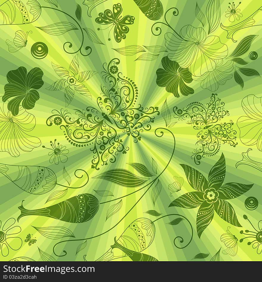 Seamless green pattern with rays and vintage floral ornament (vector EPS 10)