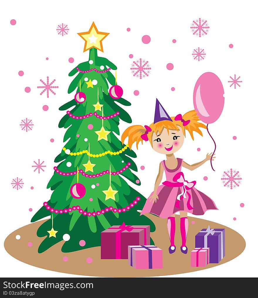 Vector illustration of adorable little girl in beautiful dress staying near New Year tree with gifts. Vector illustration of adorable little girl in beautiful dress staying near New Year tree with gifts