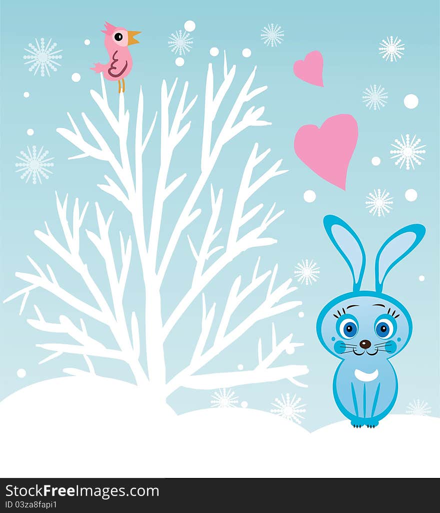 Vector illustration of funny blue rabbit in-love sitting under the snowy tree. Vector illustration of funny blue rabbit in-love sitting under the snowy tree