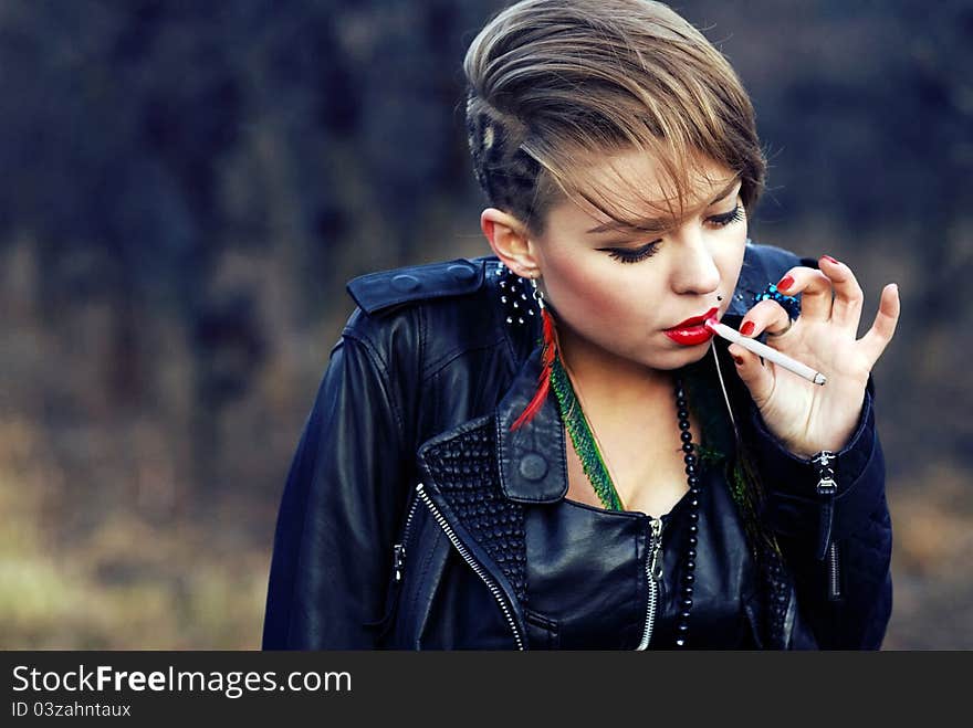 Hipster With Leopard Haircut Smoking Cigarette