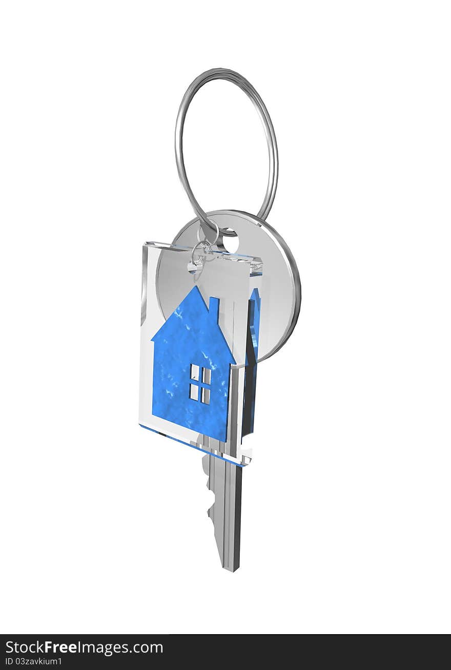 Illustration of metal key with blue house, isolated. Illustration of metal key with blue house, isolated