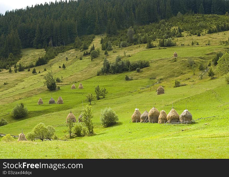 Mountain landscape with haystacks