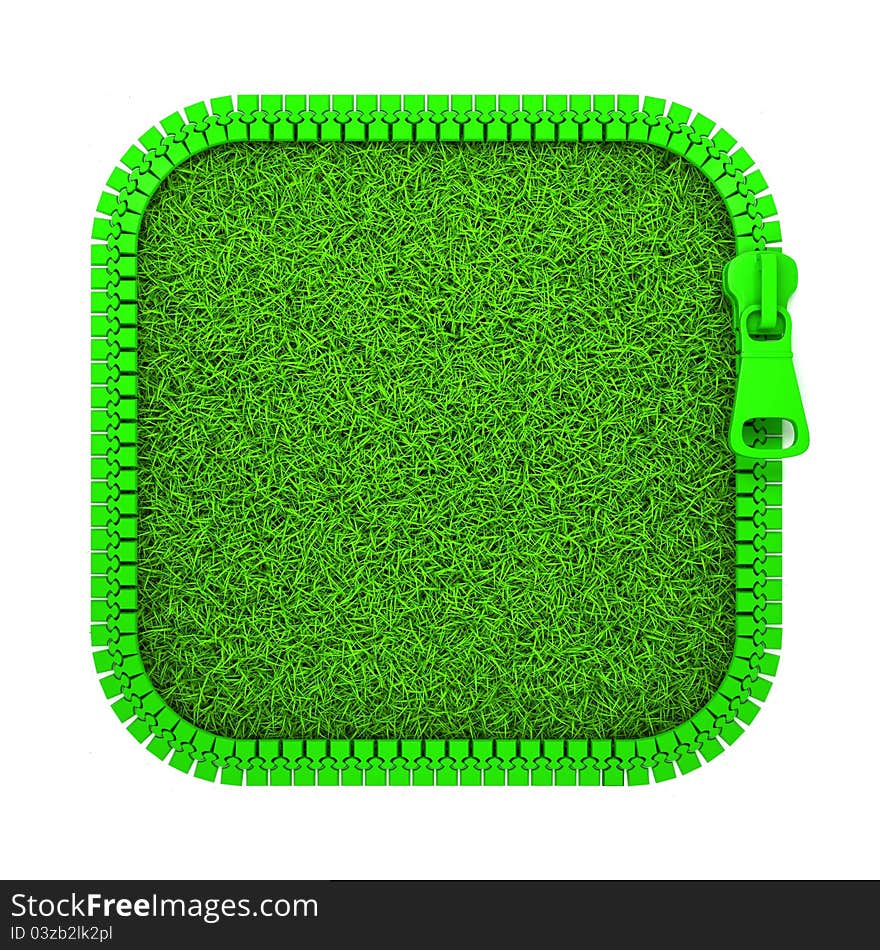 3D Illustration Green Zipper with Grass on White Background. 3D Illustration Green Zipper with Grass on White Background.