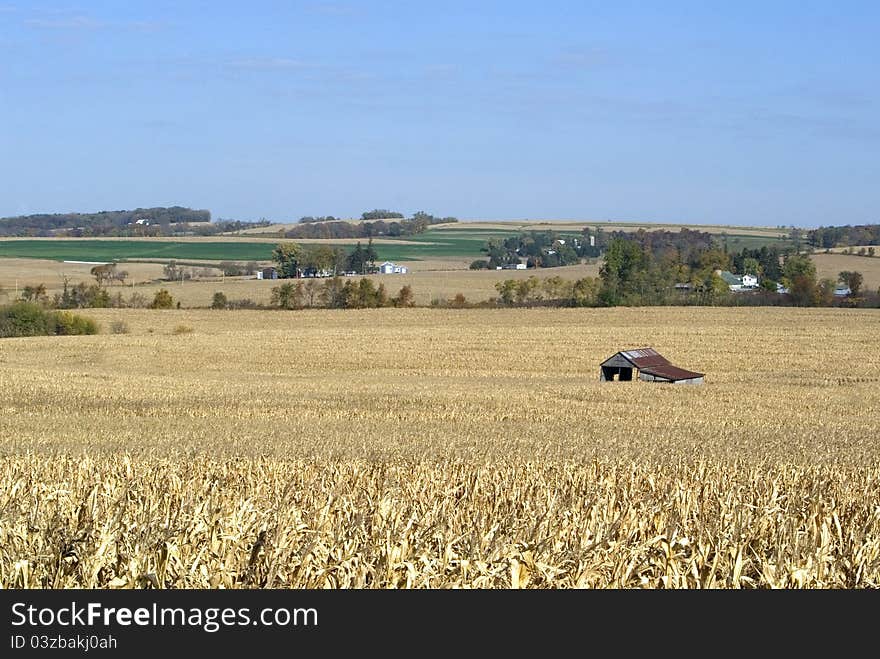 Equipment Shed In A Corn Field.