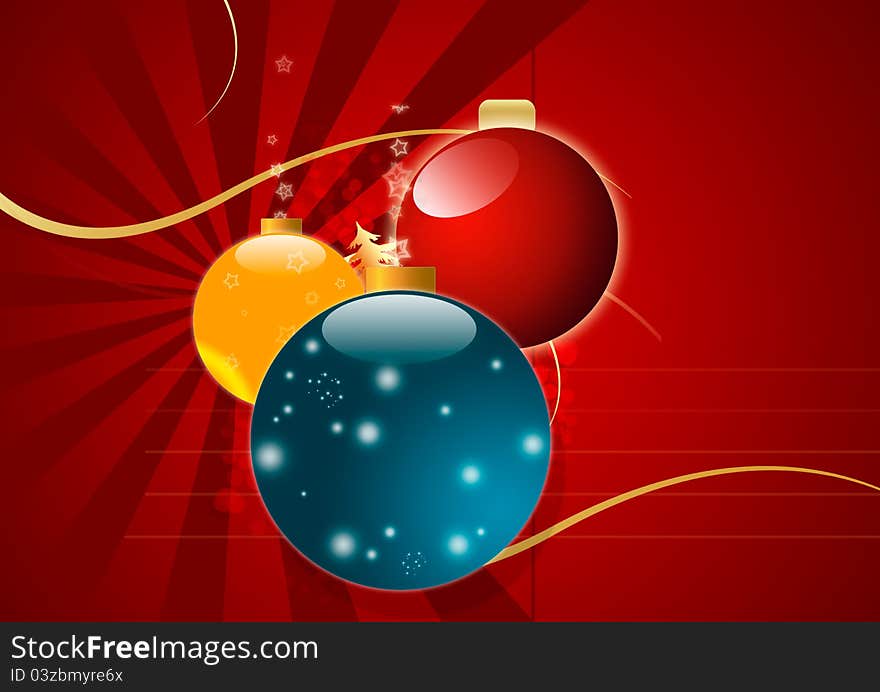 A magic Christmas background with balls, a golden Christmas tree, stars, lights and ribbons. A magic Christmas background with balls, a golden Christmas tree, stars, lights and ribbons