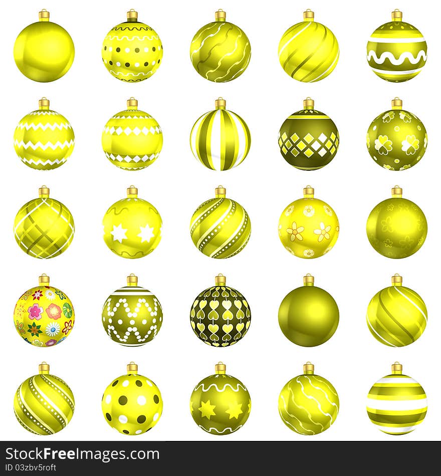 Christmas baubles yellow pack on white background