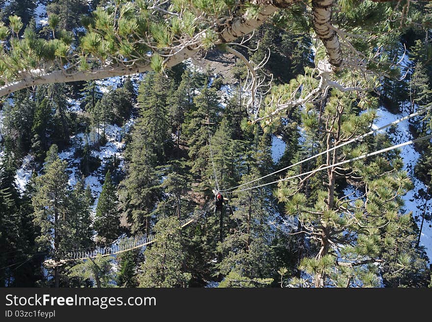 Looking down a zip line as a person zips in, view from the start of the line. Looking down a zip line as a person zips in, view from the start of the line