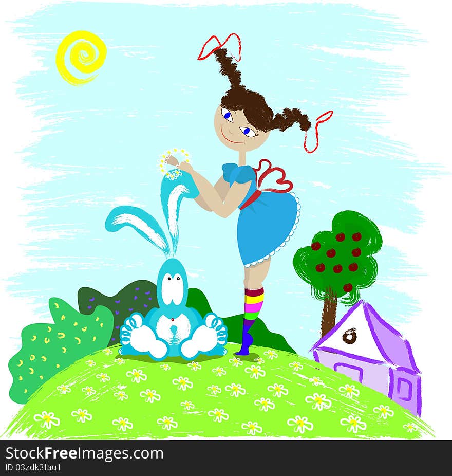 The child the girl dresses a wreath from a flower on a hare. The child the girl dresses a wreath from a flower on a hare