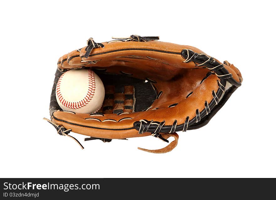 Close up of baseball glove and ball on white background. Close up of baseball glove and ball on white background