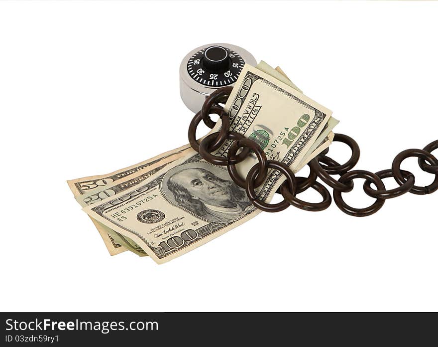 Close up of money chained to a lock isolated on white. Concept of safeguarding your money. Close up of money chained to a lock isolated on white. Concept of safeguarding your money