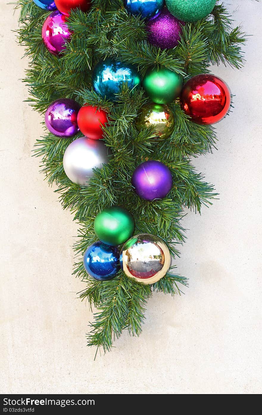 Colorful Holiday Display with Pine Boughs and Glass Globes. Colorful Holiday Display with Pine Boughs and Glass Globes