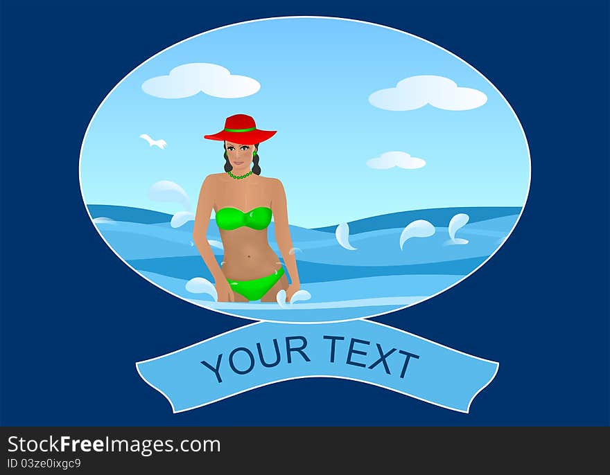 Frame with young girl in the waves and banner for text, vector format. Frame with young girl in the waves and banner for text, vector format