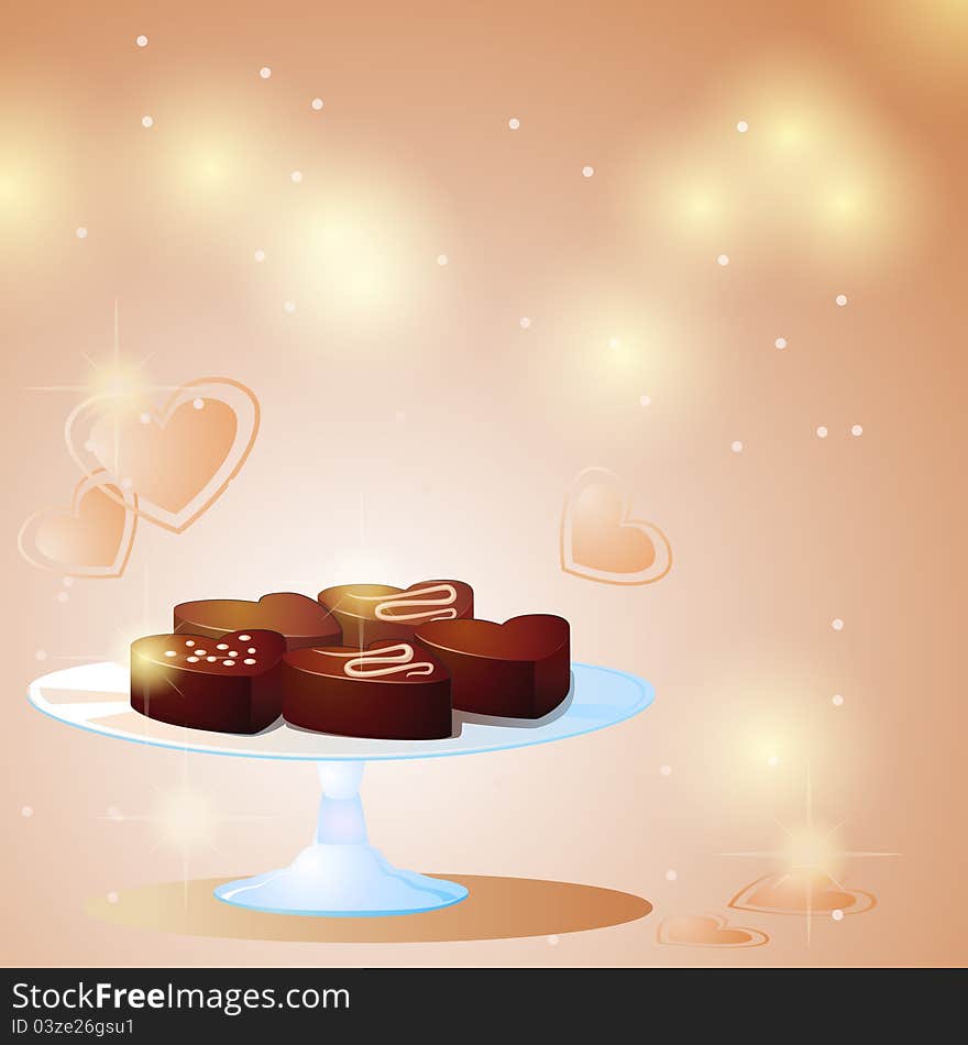 Valentine background with glass plate and chocolate sweets. Valentine background with glass plate and chocolate sweets