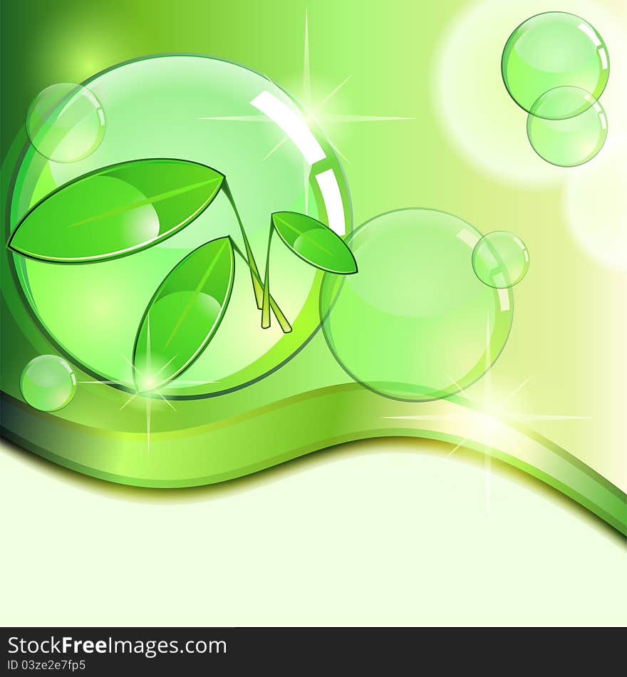 Green background with plant and glossy transparent bubbles. Green background with plant and glossy transparent bubbles