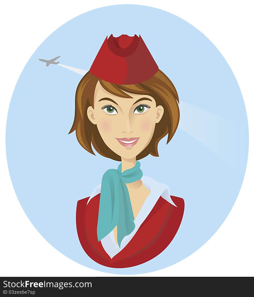 Vector illustration of beautiful smiling stewardess dressed in red uniform. Vector illustration of beautiful smiling stewardess dressed in red uniform