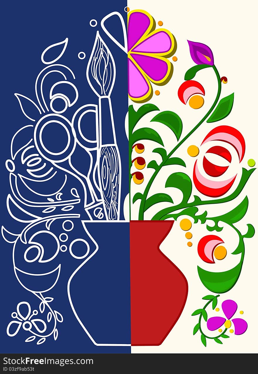 The illustration shows how to create color applique.The composition consists of a sketch, colored parts and tools. Illustration done on separate layers.