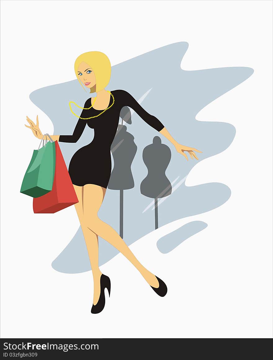 Vector illustration of a beautiful woman gone shopping wearing little black dress and high heels. Vector illustration of a beautiful woman gone shopping wearing little black dress and high heels