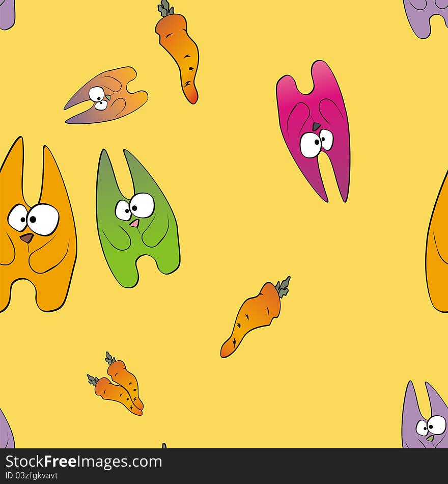 Vector seamless background with funny colorful cartoon rabbits and carrots. Vector seamless background with funny colorful cartoon rabbits and carrots