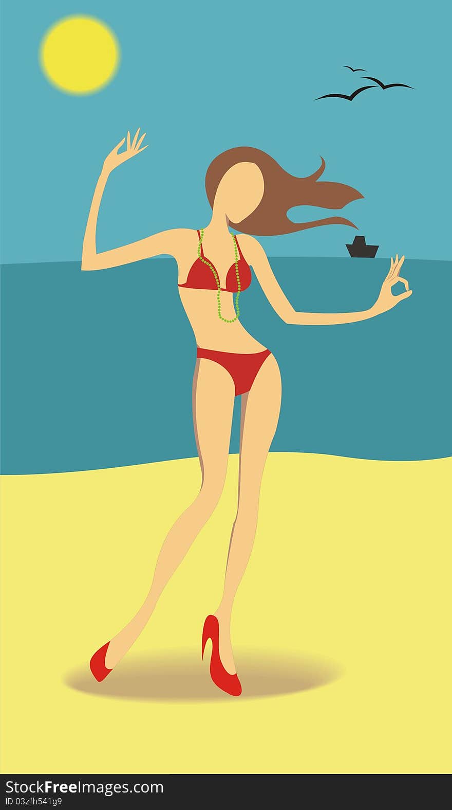 Vector illustration of a beautiful woman model wearing bikini and high heels on the beach. Vector illustration of a beautiful woman model wearing bikini and high heels on the beach