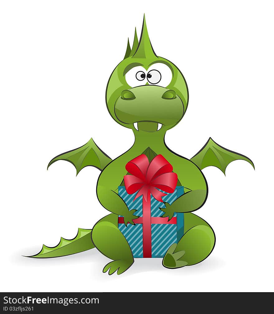 Symbol of the year - a cute green dragon holding a gift. Symbol of the year - a cute green dragon holding a gift