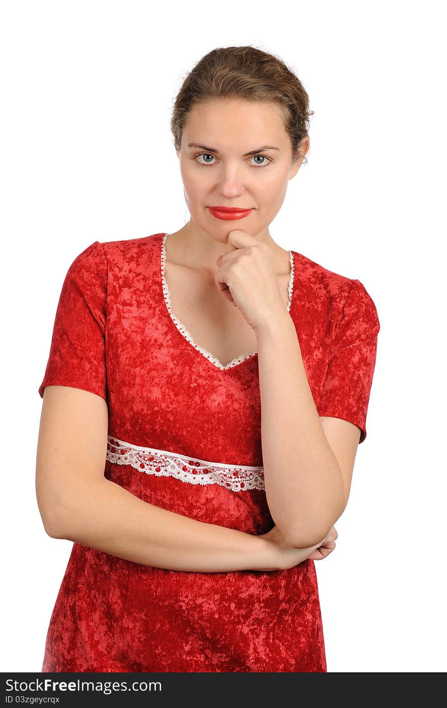 Thinking woman in a red dress