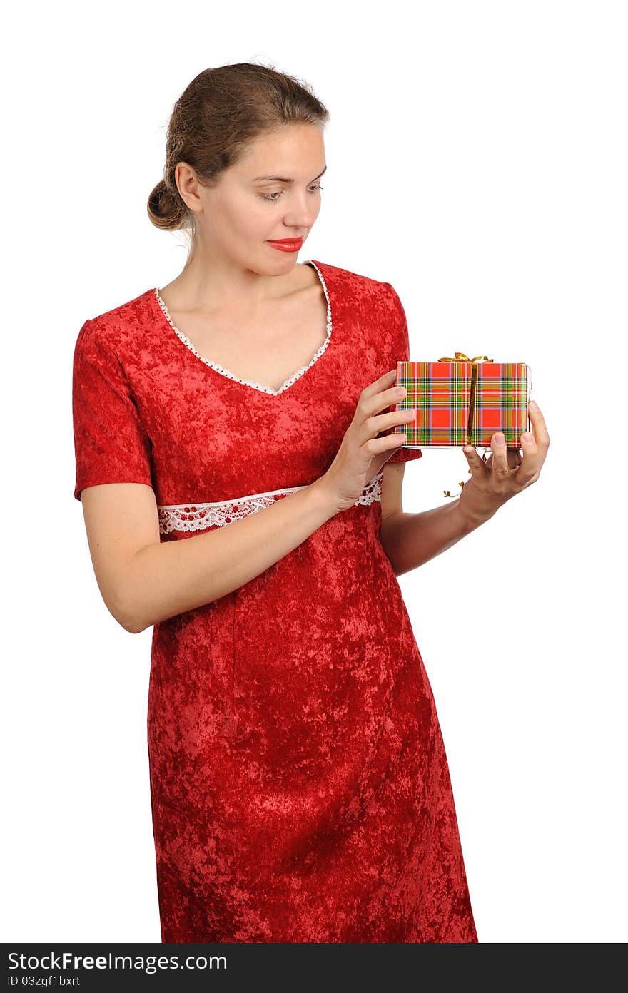 Happy woman with gift box,a white background