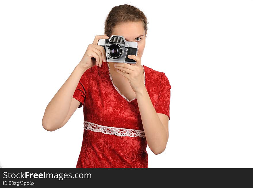 Pretty woman taking photo with vintage camera. Pretty woman taking photo with vintage camera