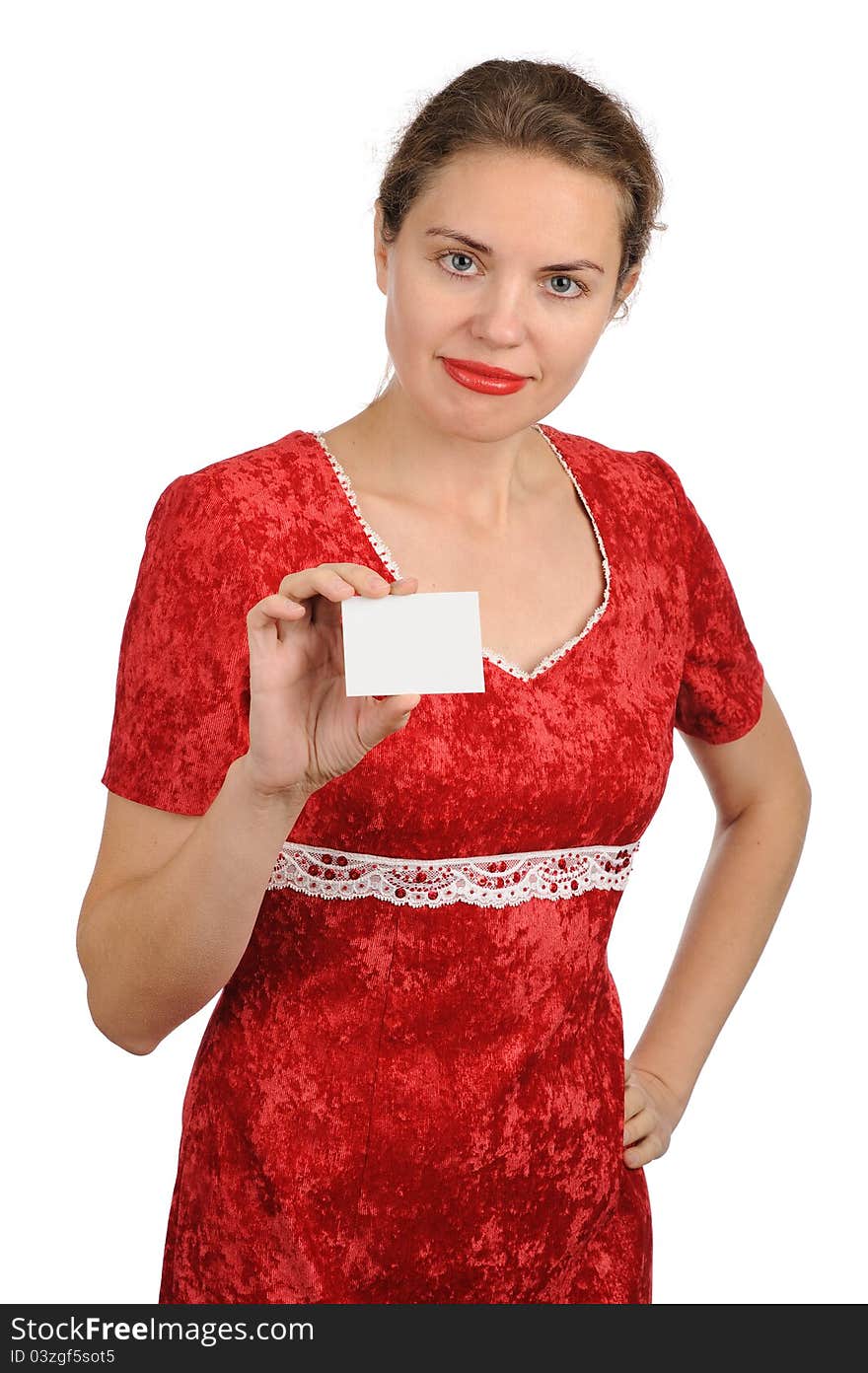 Woman holding empty white board a white background