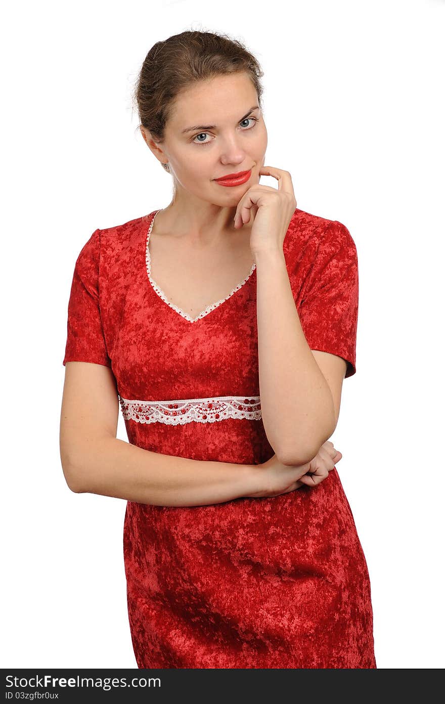 Woman in a red dress, a white background