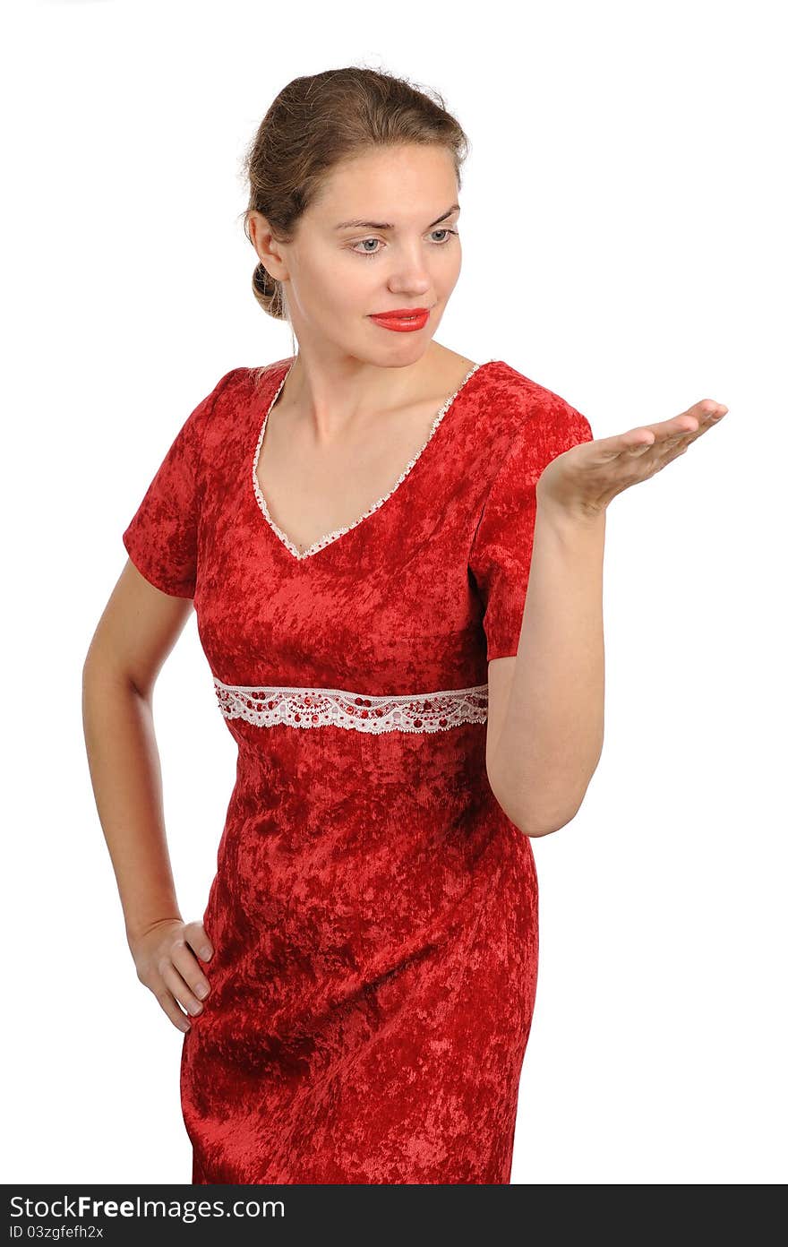 Woman holding hand presenting a product. On a white background. Woman holding hand presenting a product. On a white background