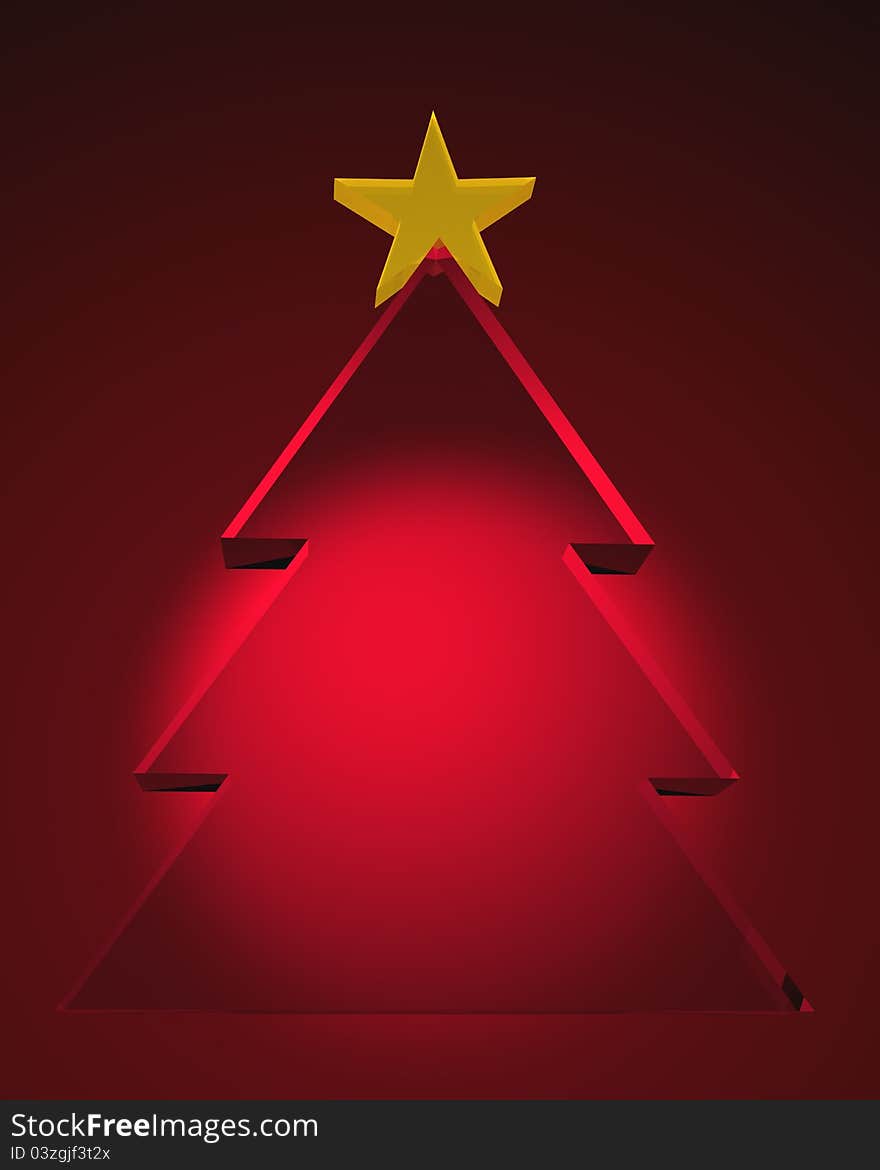 3d glass Christmas tree with yellow star on the top over red background.