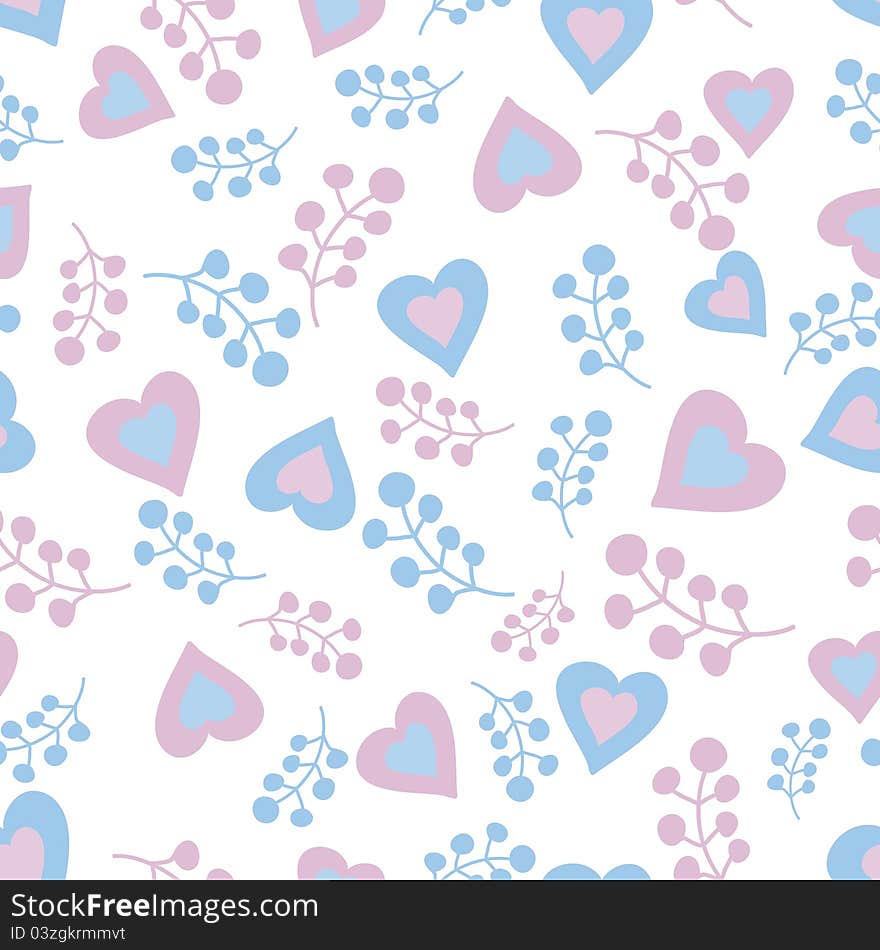 Romantic seamless pattern with hearts and branches in pastel tones. Vector illustration