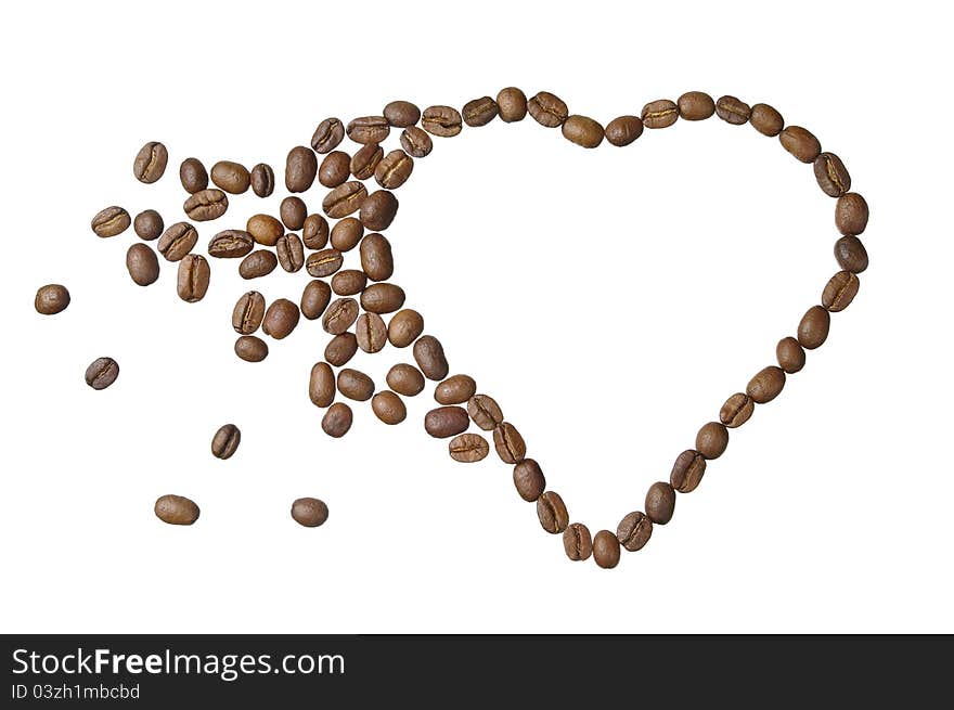 Coffee beans, located in heart shape isolated on a white background