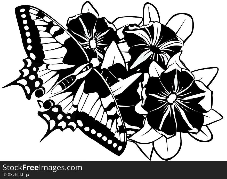 Butterfly on flowers. Black and white illustration.