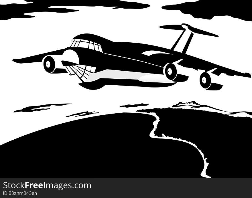 A passenger airliner in the background of the Earth. Black and white illustration.