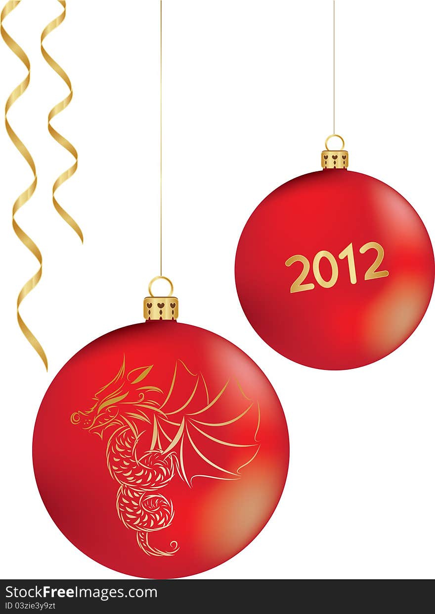 Christmas balls with a dragon - the symbol of the year 2012, and golden serpentine. Christmas balls with a dragon - the symbol of the year 2012, and golden serpentine