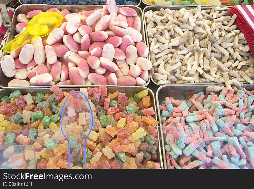 Various colour jelly candy in a market. Various colour jelly candy in a market