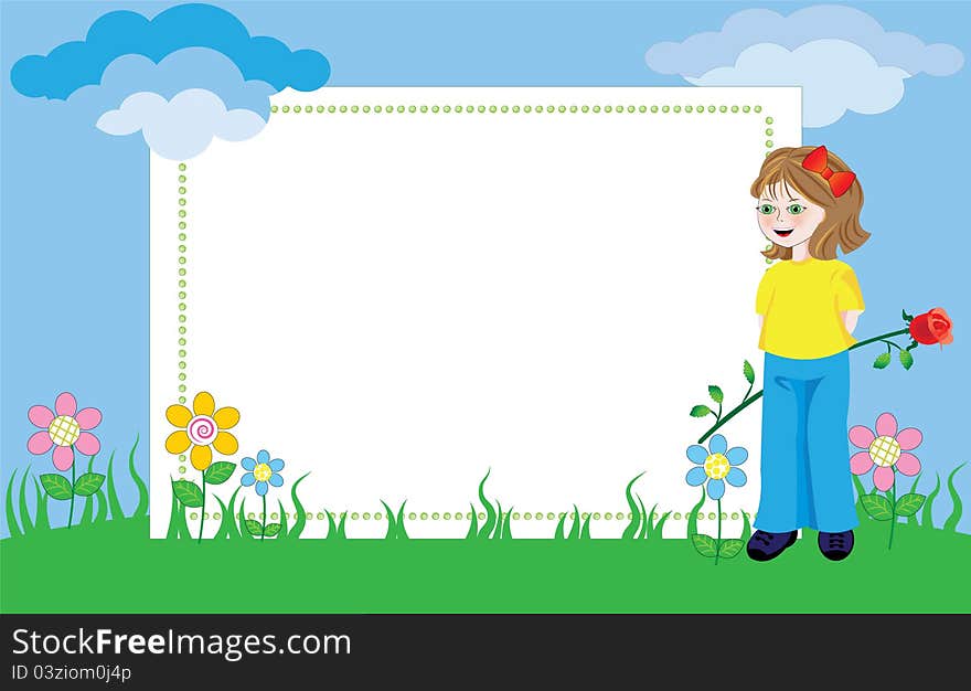 Photo frame with agirl holding a rose in the garden. Photo frame with agirl holding a rose in the garden.