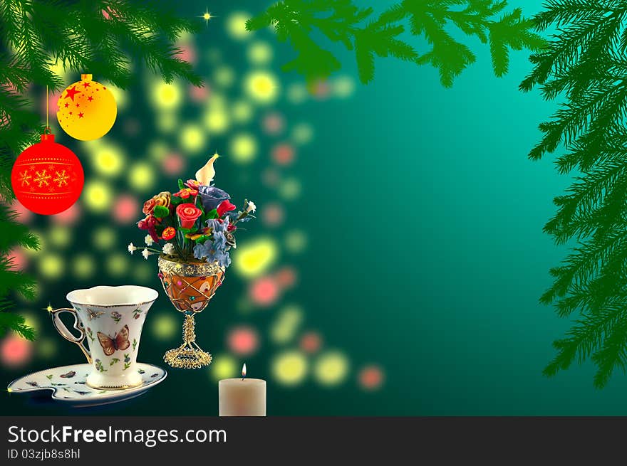 Red; yellow; balls, cone spruce, ice and sprigs to decorate and candles burning for New Year, against  background. Red; yellow; balls, cone spruce, ice and sprigs to decorate and candles burning for New Year, against  background