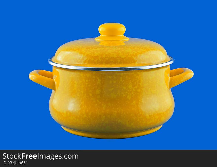 Kitchen utensils, pots Yellow,  against a blue background. Kitchen utensils, pots Yellow,  against a blue background