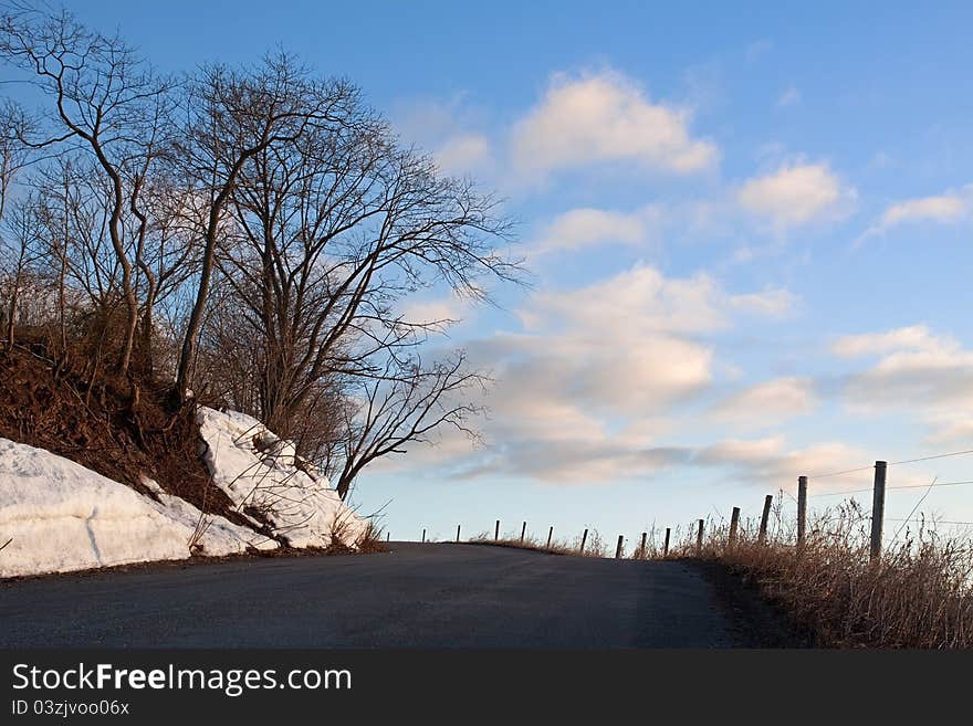 A clear winter morning on a winding country road in Pennsylvania.